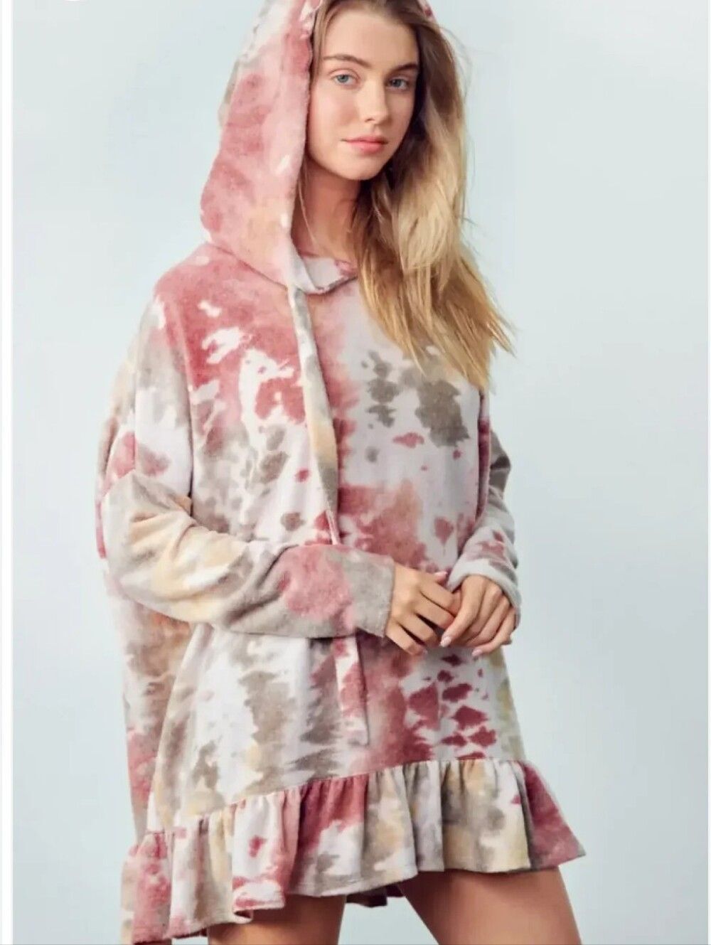 Comfy Tie-Dye Fleece Oversize Hoodie Dress Ruffle Hem Dusty Rose Sz XL